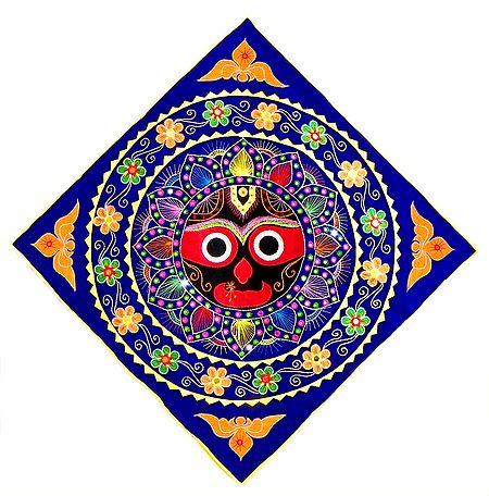 Appliqued and Embroidered Face of Jagannathdev Decorated with Flowers on Blue Velvet Cloth - (Wall Hanging)