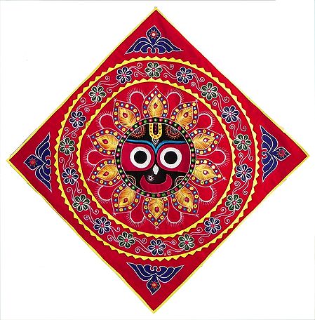 Appliqued and Embroidered Face of Jagannathdev Decorated with Flowers on Red Velvet Cloth - (Wall Hanging)
