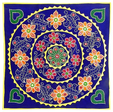Appliqued and Embroidered Flowers on Blue Velvet Cloth - (Wall Hanging)