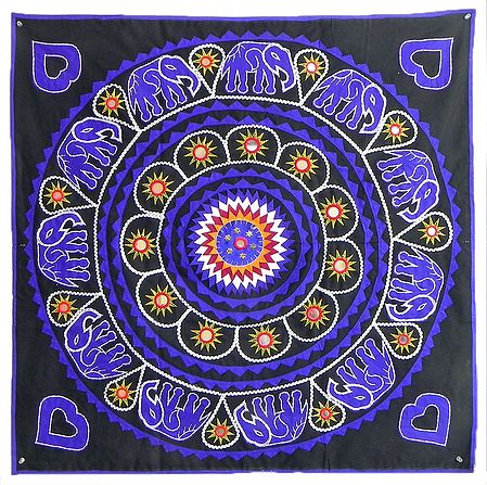 Appliqued Elephants with Embroidery and Mirrorwork on Black Cotton Cloth - (Wall Hanging)