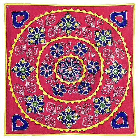 Appliqued and Embroidered Flowers on Blue Velvet Cloth - (Wall Hanging)