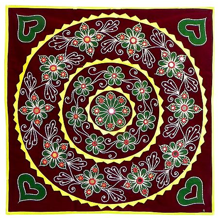 Appliqued and Embroidered Flowers on Maroon Velvet Cloth - (Wall Hanging)