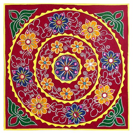 Appliqued and Embroidered Flowers on Red Velvet Cloth - Wall Hanging