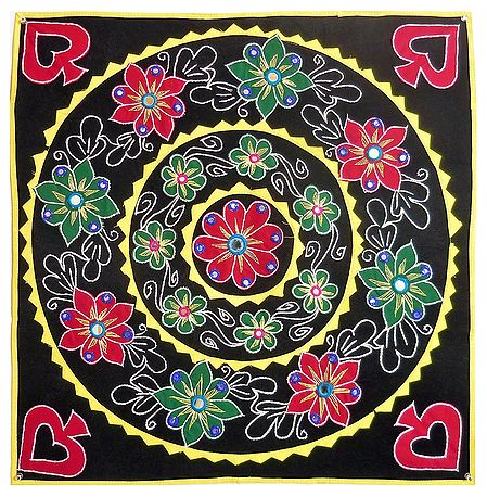 Appliqued and Embroidered Flowers on Black Velvet Cloth - Wall Hanging
