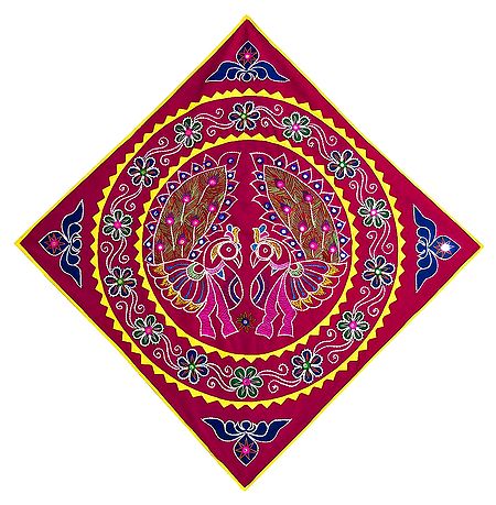 Embroidered Peacock on Appliqued Red Velvet Cloth - Wall Hanging