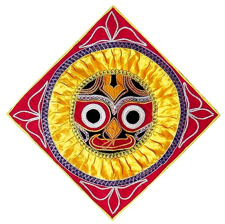 Appliqued Jagannathdev Face Decorated with Yellow Satin and Zari Ribbon on Black Velvet Cloth - (Wall Hanging)
