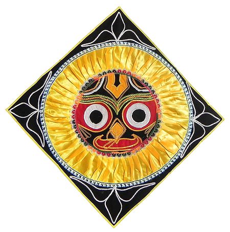 Appliqued Jagannathdev Face Decorated with Yellow Satin and Zari Ribbon on Black Velvet Cloth - (Wall Hanging)