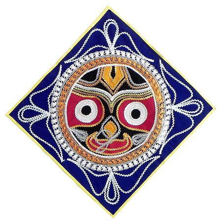 Appliqued and Embroidered Face of Jagannathdev Decorated with Golden Zari on Dark Blue Velvet Cloth - (Wall Hanging)