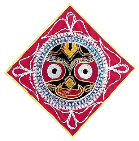 Appliqued and Embroidered Face of Jagannathdev Decorated with Golden Zari on Dark Red Velvet Cloth - (Wall Hanging)