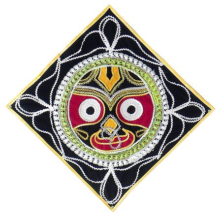 Appliqued and Embroidered Face of Jagannathdev on Black Velvet Cloth - Wall Hanging