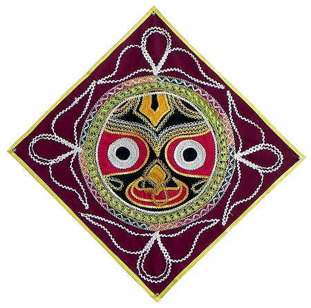 Appliqued and Embroidered Face of Jagannathdev Decorated with Golden Zari on maroon Velvet Cloth - (Wall Hanging)