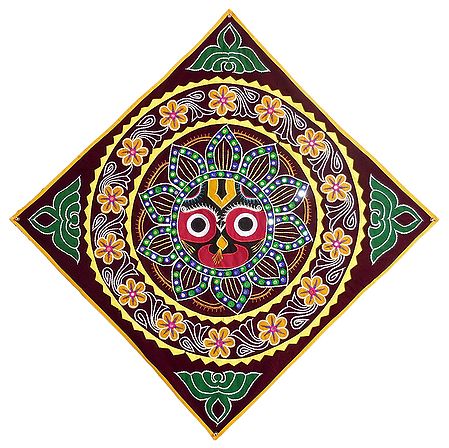 Appliqued and Embroidered Face of Jagannathdev on Maroon Velvet Cloth - (Wall Hanging)