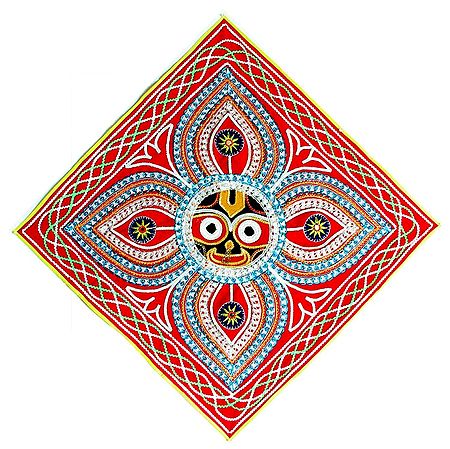Appliqued Jagannathdev Face Decorated with Mirror Work and Zari Ribbon on Red Velvet Cloth - (Wall Hanging)