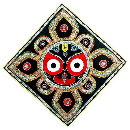 Appliqued Jagannathdev Face Decorated with Mirror Work and Zari Ribbon on Black Velvet Cloth - (Wall Hanging)