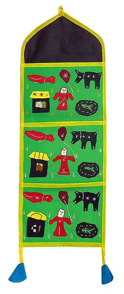 Multicolor Appliqued Magazine Holder with 3 Pockets - Wall Hanging