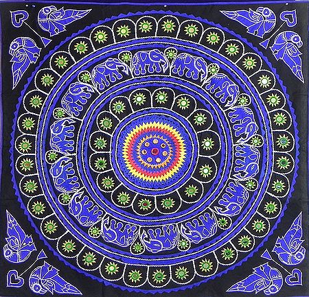 Blue, Green and Yellow Applique Flower and Elephants with Mirrorwork on Black Cotton Cloth - (Wall Hanging)