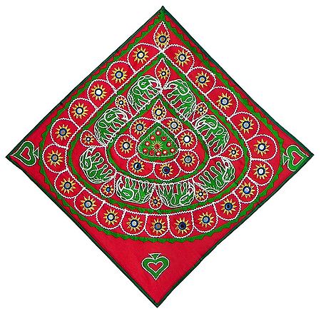 Green and Yellow Applique Flower and Elephants with Mirrorwork on Red Cotton Cloth - (Wall Hanging)