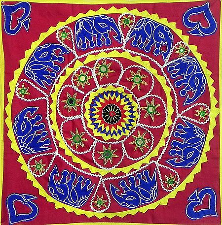 Blue and Yellow Applique Flower and Elephants with Mirrorwork on Red Cotton Cloth - (Wall Hanging)