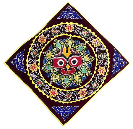 Appliqued and Embroidered Face of Jagannathdev on Maroon Velvet Cloth - (Wall Hanging)