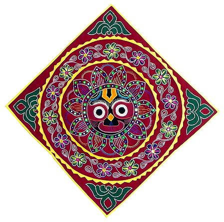 Appliqued and Embroidered Face of Jagannathdev on Red Velvet Cloth - (Wall Hanging)