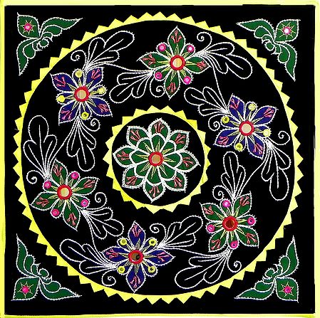Appliqued and Embroidered Flowers on Black Cotton Cloth - (Wall Hanging)