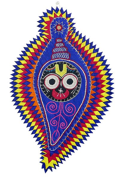 Face of Jagannathdev on Conch in Blue Appliqued Cotton Cloth - Wall Hanging