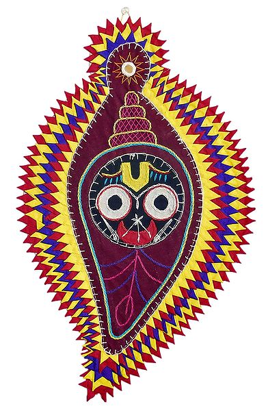 Face of Jagannathdev on Conch in Maroon Appliqued Cotton Cloth - Wall Hanging