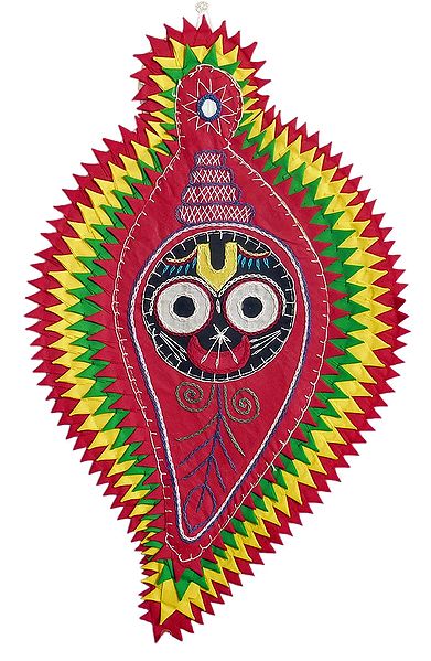 Face of Jagannathdev on Conch in Red Appliqued Cotton Cloth - Wall Hanging