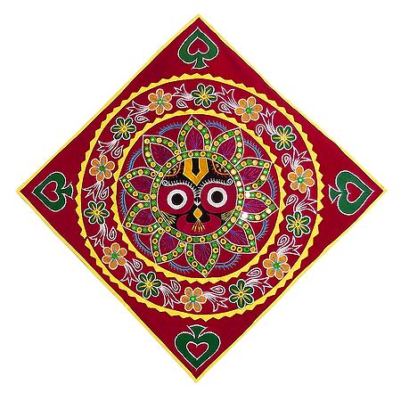 Appliqued and Embroidered Face of Jagannathdev on Red Velvet Cloth - (Wall Hanging)