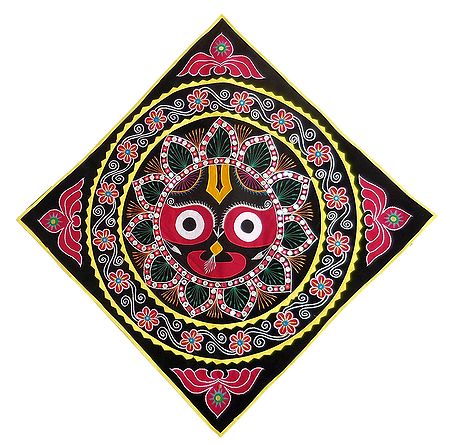 Appliqued and Embroidered Face of Jagannathdev on Black Velvet Cloth - (Wall Hanging)