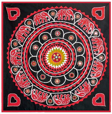Red Appliqued Elephants on Black Cotton Cloth - Wall Hanging