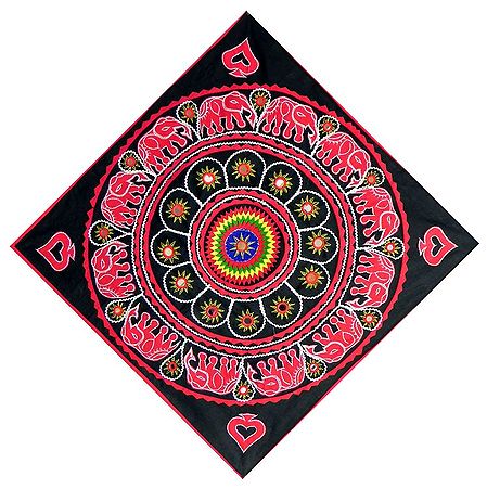 Red, Yellow and Green Applique Flower and Elephants with Mirrorwork on Black Otton Cloth - (Wall Hanging)