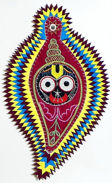 Face of Jagannathdev on Conch in Maroon Appliqued Cotton Cloth - (Wall Hanging)