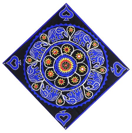 Blue, Yellow and Red Applique Flower and Elephants with Mirrorwork on Black Cotton Cloth - (Wall Hanging)