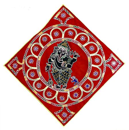 Black Appliqued Lord Ganesha Decorated  with Embroidery and Mirrorwork on Red Velvet Cloth - (Wall Hanging)