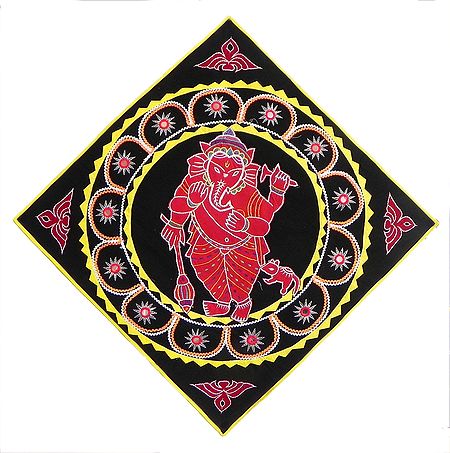 Red Appliqued Lord Ganesha Decorated  with Embroidery and Mirrorwork on Black Velvet Cloth - (Wall Hanging)
