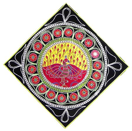 Appliqued Peacock Decorated with Embroidery on Black Cotton Cloth - (Wall Hanging)