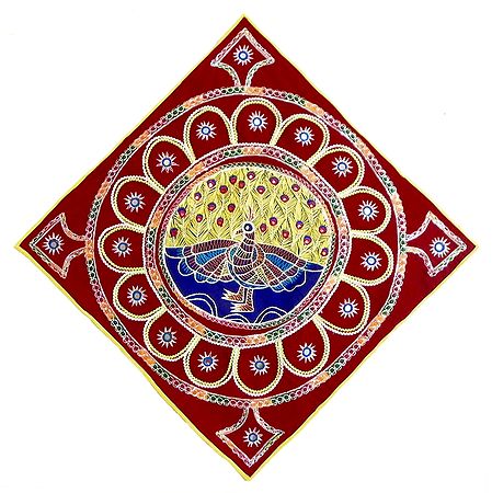 Appliqued Peacock Decorated with Embroidery and Mirrorwork on Red Velvet Cloth - (Wall Hanging)