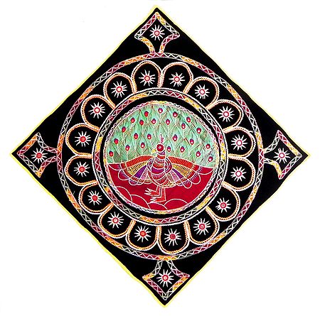Appliqued Peacock Decorated with Embroidery and Mirrorwork on Black Velvet Cloth - (Wall Hanging)