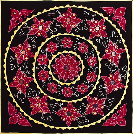 Embroidered Red Applique Flower on Black Velvet Cloth - (Wall Hanging)