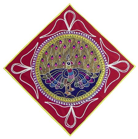Embroidered Peacock with Applique on Red Cotton Cloth - (Wall Hanging)