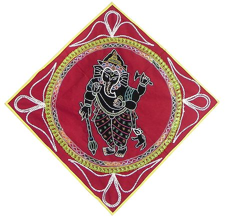 Appliqued Lord Ganesha Decorated with Embroidery and Mirrorwork on Red Velvet Cloth - (Wall Hanging)