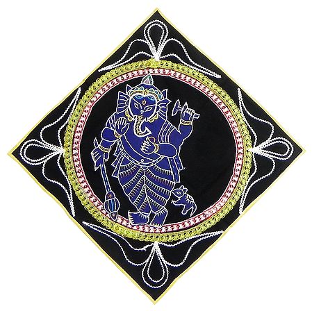 Appliqued Lord Ganesha Decorated with Embroidery and Mirrorwork on Black Velvet Cloth - (Wall Hanging)