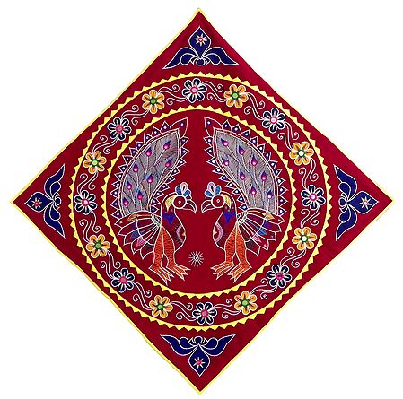 Embroidered Peacock with Applique on Red Velvet Cloth - (Wall Hanging)
