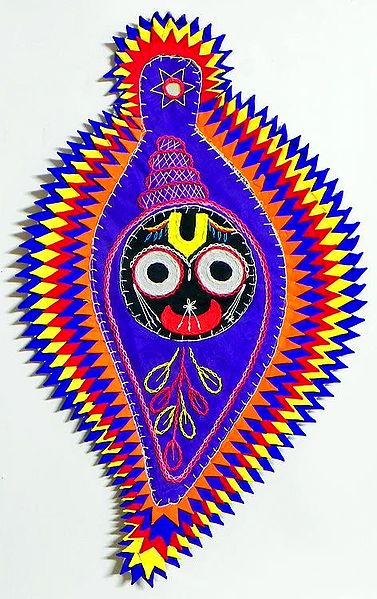 Face of Jagannathdev on Conch in Blue Appliqued Cotton Cloth - (Wall Hanging)