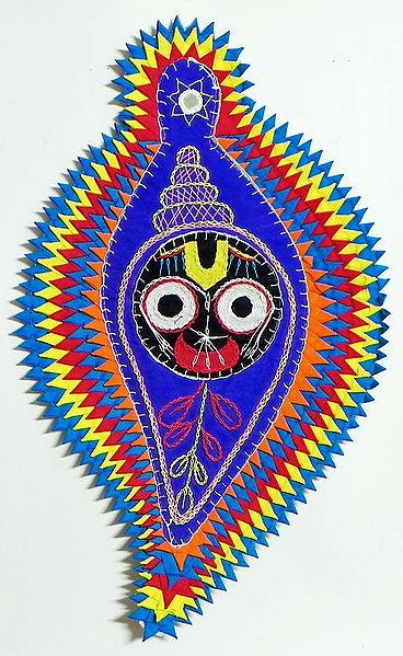 Face of Jagannath on Conch in Blue Appliqued Cotton Cloth - (Wall Hanging)