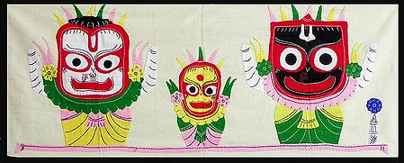 Appliqued Jagannthdev,Balaram and Subhadra on Off-White Cotton Cloth - (Wall Hanging)