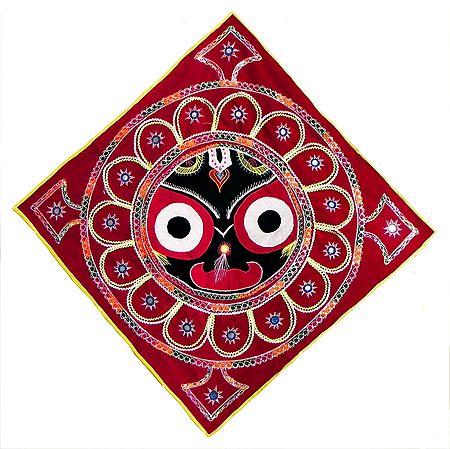 Appliqued Face of Jagannath Dev Decorated  with Embroidery on Red Velvet Cloth - (Wall Hanging)