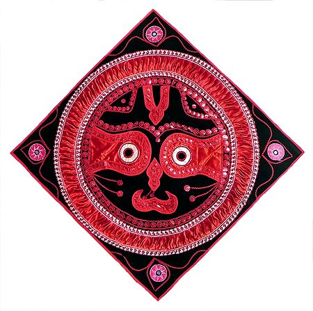 Appliqued Jagannathdev Face Decorated with Red Satin and Zari Ribbon on Black Velvet Cloth - (Wall Hanging)