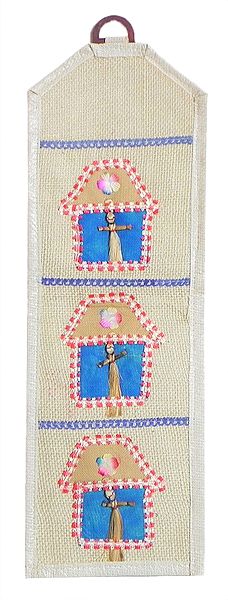 Letter and Paper Holder with Three Pockets in Off-White Jute Cloth with Appliqued Blue House with Jute Dolls